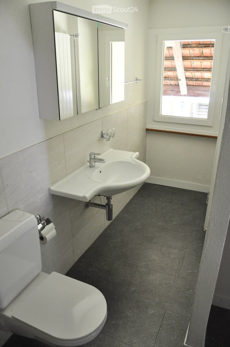 Modern bathroom with a white toilet, sink, and mirror. The sink has a chrome faucet, and the floor is tiled in dark gray.