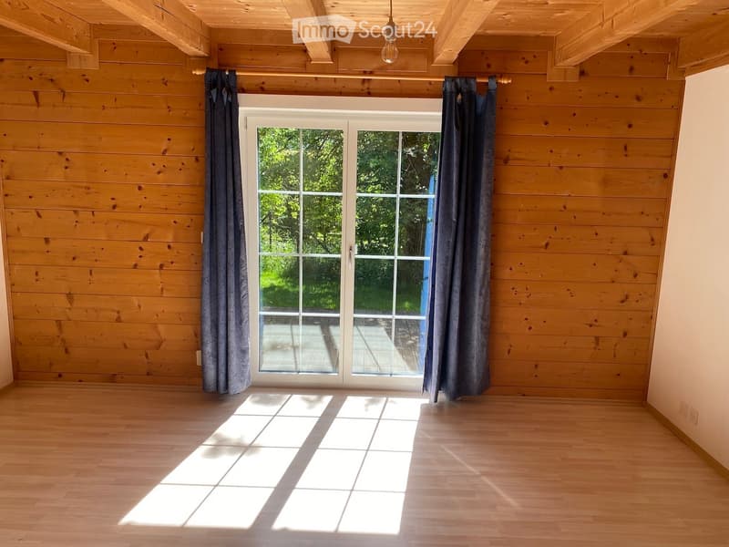 Empty room with wooden walls and floor, large sliding glass door with curtains, natural light streaming in.