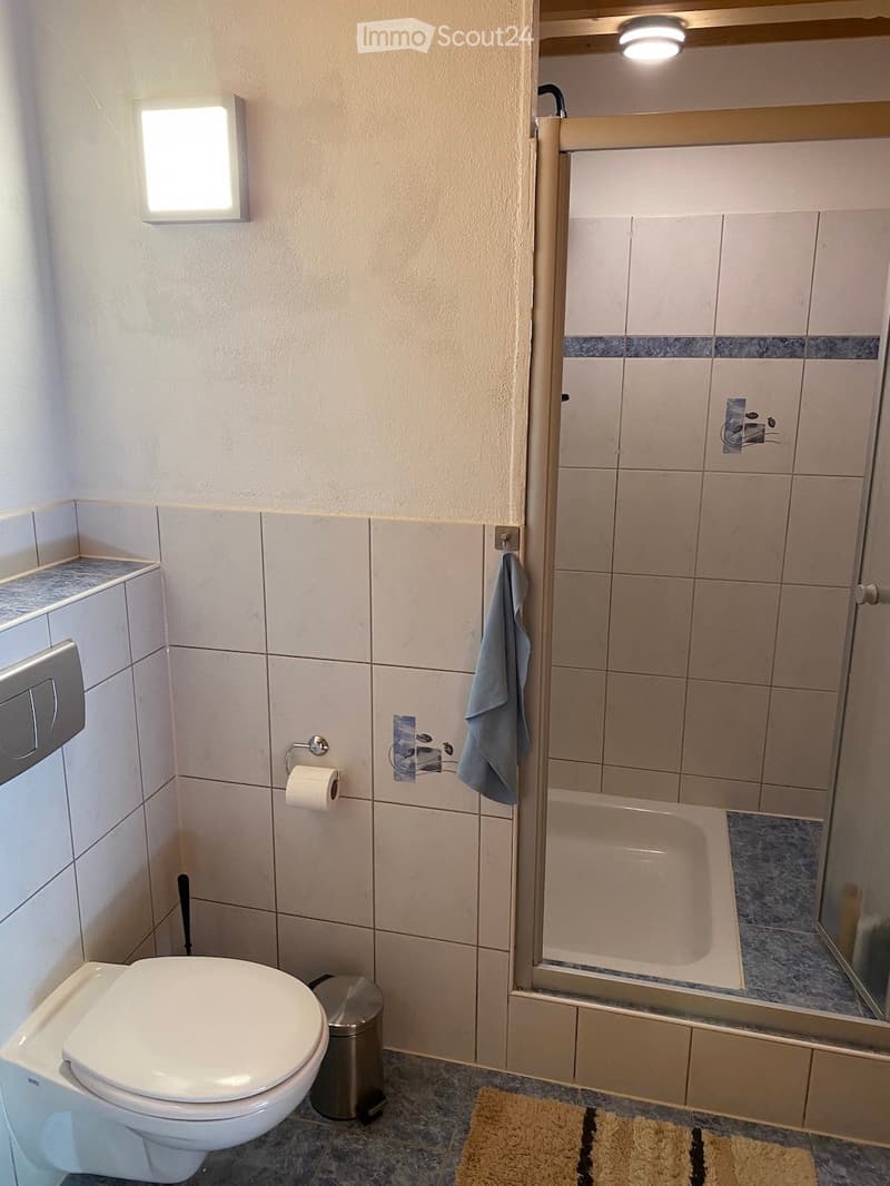 Modern bathroom with a toilet, bathtub, towel, toilet paper holder, and trash can. Light fixtures are mounted on the walls.