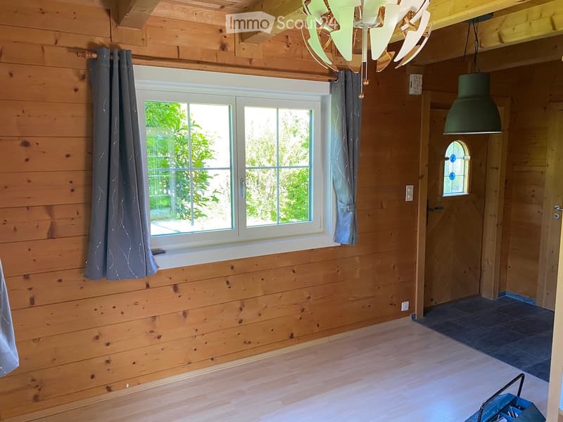 Empty room with wooden walls and floor, large window with grey curtains, modern lighting fixtures, and a small entryway.