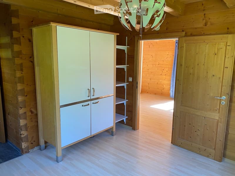 A wooden interior space with a light green cabinet and a small shelf, featuring wooden walls and flooring.