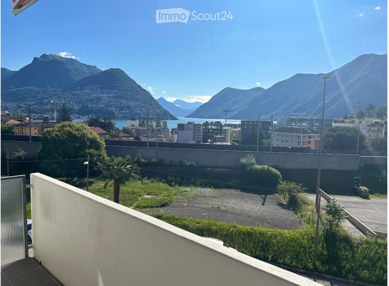 elevated view with balcony railing, mountains, city, lake