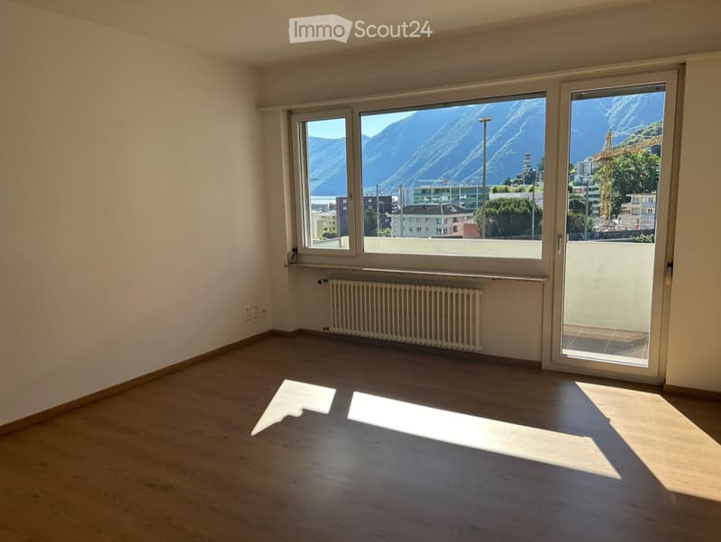large windows, balcony, wooden floor, white walls, white radiator, white ceiling, shadow of glass door