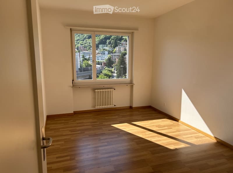 empty room, wooden floor, large window, white walls, radiator
