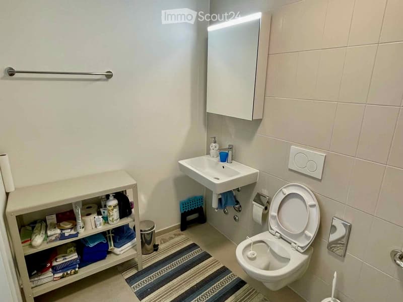 A small, modern bathroom with a toilet, sink, mirror, and a shelf holding towels and toiletries. The floor is covered with a striped rug, and the walls are tiled.