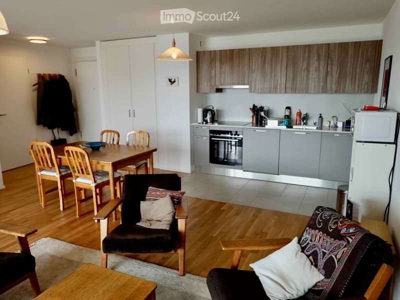 A modern, open-concept living and dining area with a kitchen. The space features wooden flooring, a dining table with chairs, a sofa with cushions, and a kitchen area with stainless steel appliances, including an oven, refrigerator, and microwave. The kit