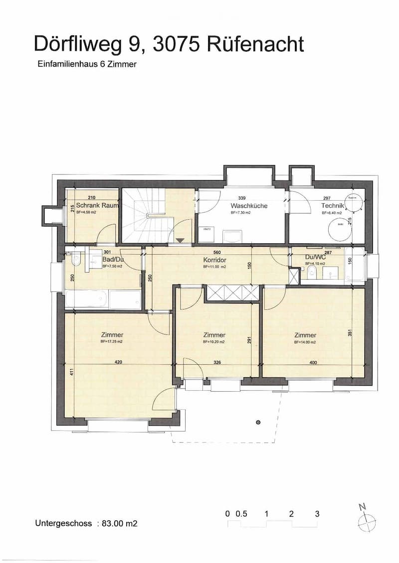 Floor plan of a 6-room single-family house with labeled rooms including a closet space, bathroom, corridor, kitchen, technical room, and three bedrooms.