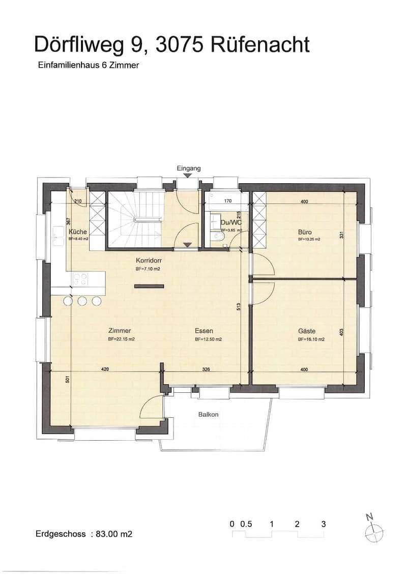 Floor plan of a6-room single-family house with kitchen, living room, dining area, bedroom, office, guest room, bathroom, and balcony.