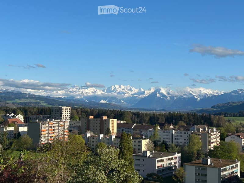 A panoramic view of a town with multiple residential buildings, surrounded by lush greenery and distant snow-capped mountains under a clear blue sky.