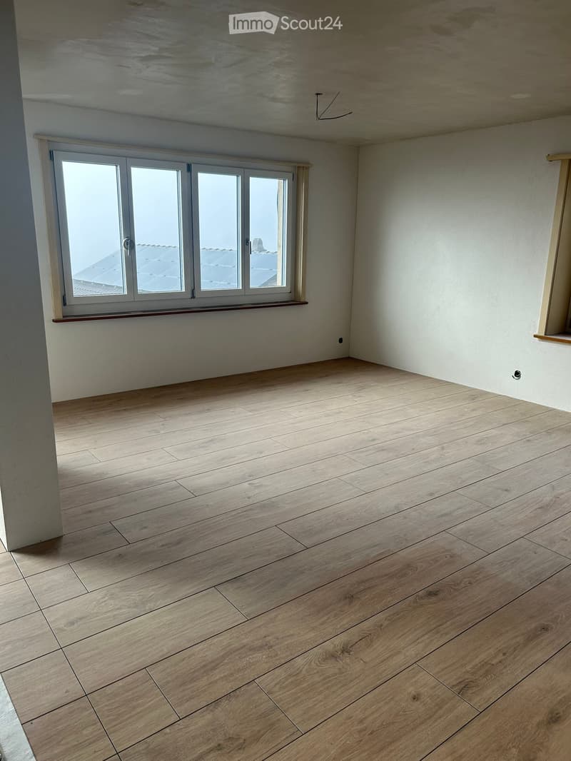 Empty room with light wooden flooring, white walls, and large windows offering a view of the roof.