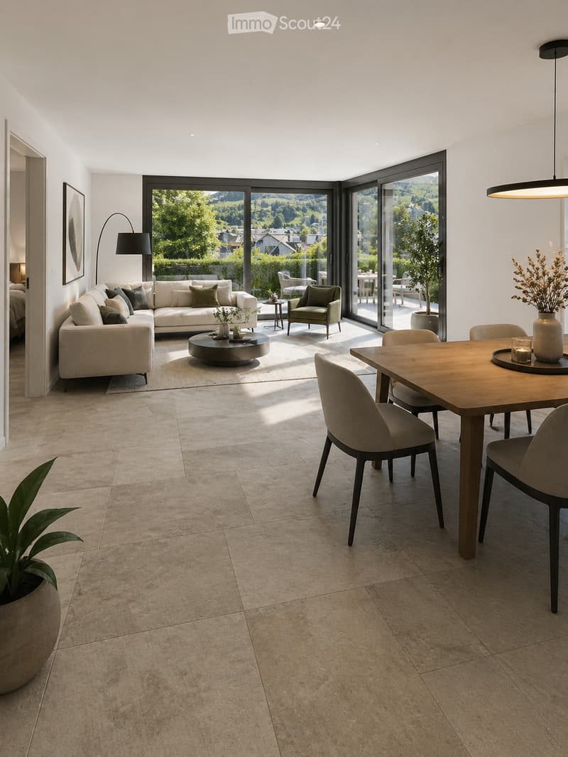 Modern living and dining area with large windows offering a scenic view, featuring a white sofa, coffee table, dining table with chairs, and decorative plants.