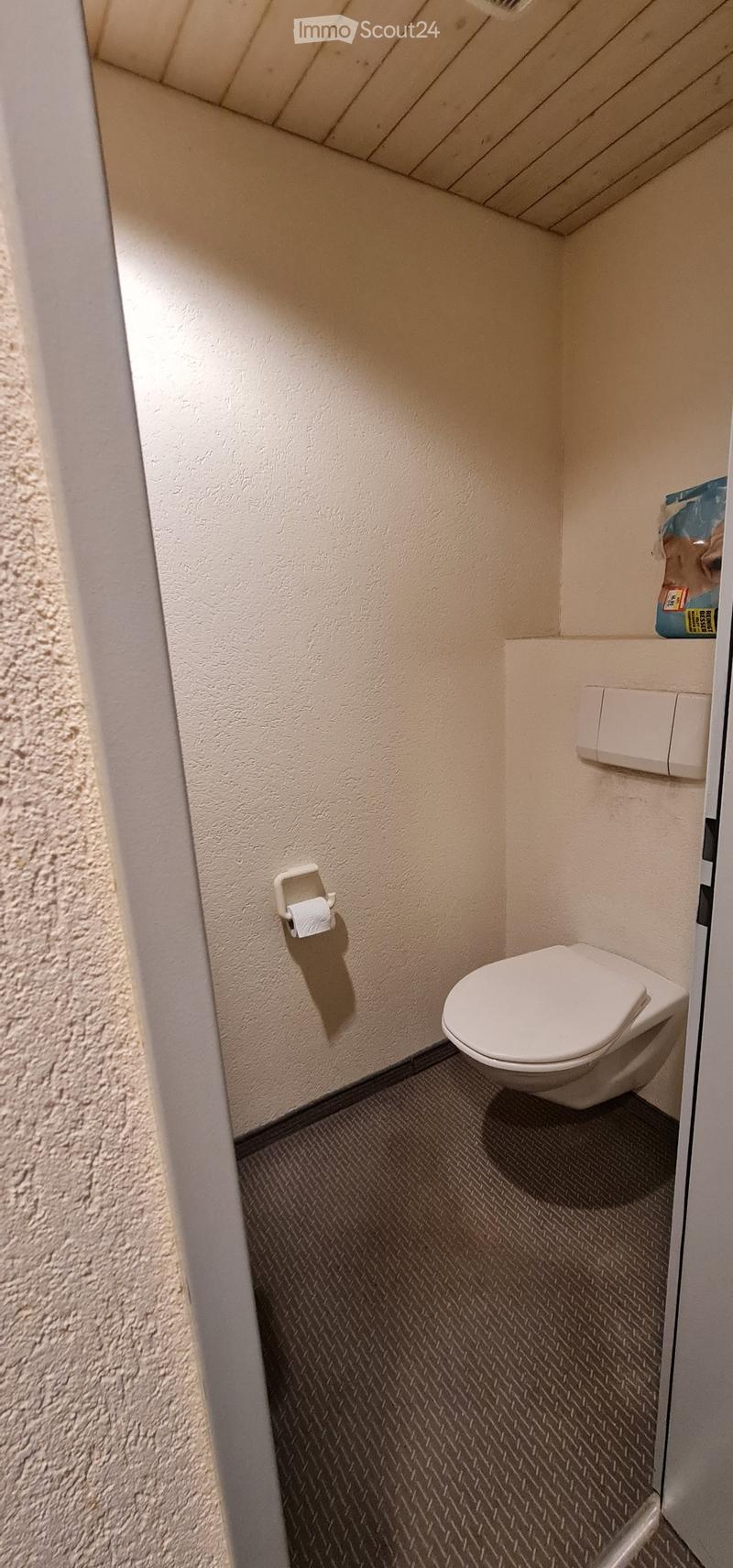 Small bathroom with a toilet, toilet paper holder, and a textured floor. The walls are light-colored, and the space appears compact.