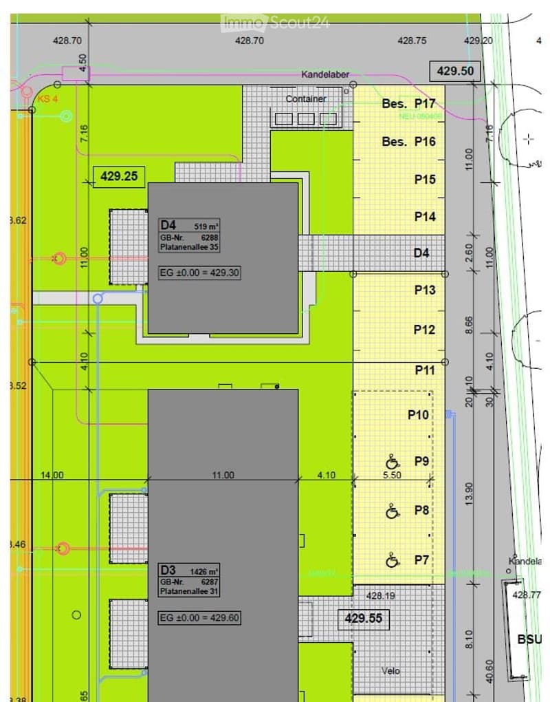 Floor plan showing multiple rooms and areas including D4, D3, P7, P8, P9, P10, P11, P12, P13, P14, P15, P16, P17, and a container. Dimensions and labels are provided for each area.