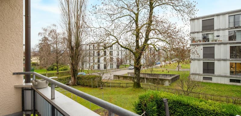 Balcony overlooking a landscaped garden area with trees, modern apartment buildings, and a road with parked cars.