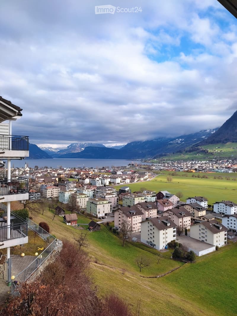Balcony overlooking a town with houses, green fields, and distant mountains and lake.