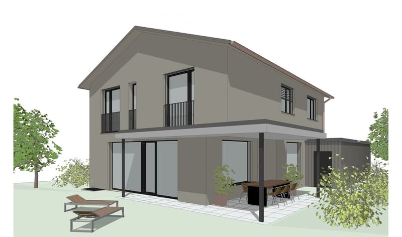 Modern two-story house with grey exterior, large windows, and a balcony on the upper floor. The ground floor features a covered patio area with a dining table, chairs, and lounge chairs.