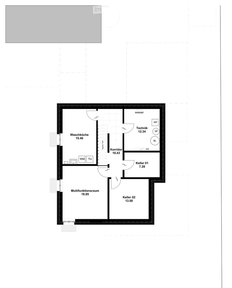 Floor plan showing a wash kitchen, multifunctional room, corridor, two cellar rooms, and a technical room.