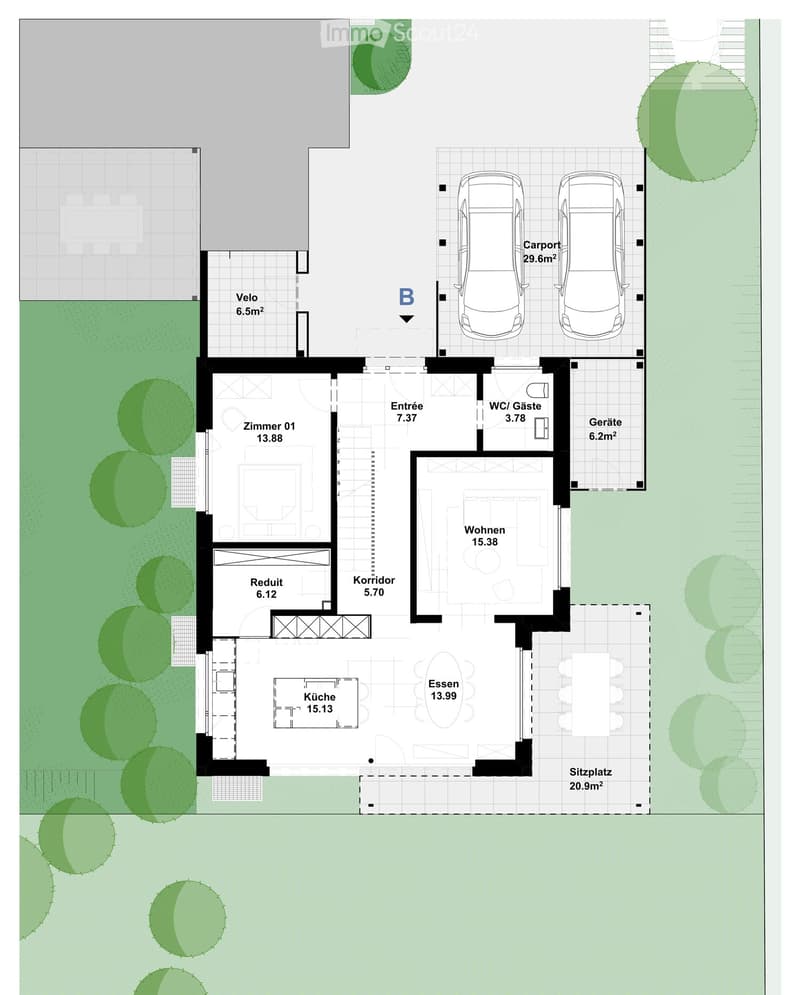 Floor plan of a house with living room, kitchen, dining area, bedroom, hallway, entrance, WC, storage, carport, and outdoor seating area.