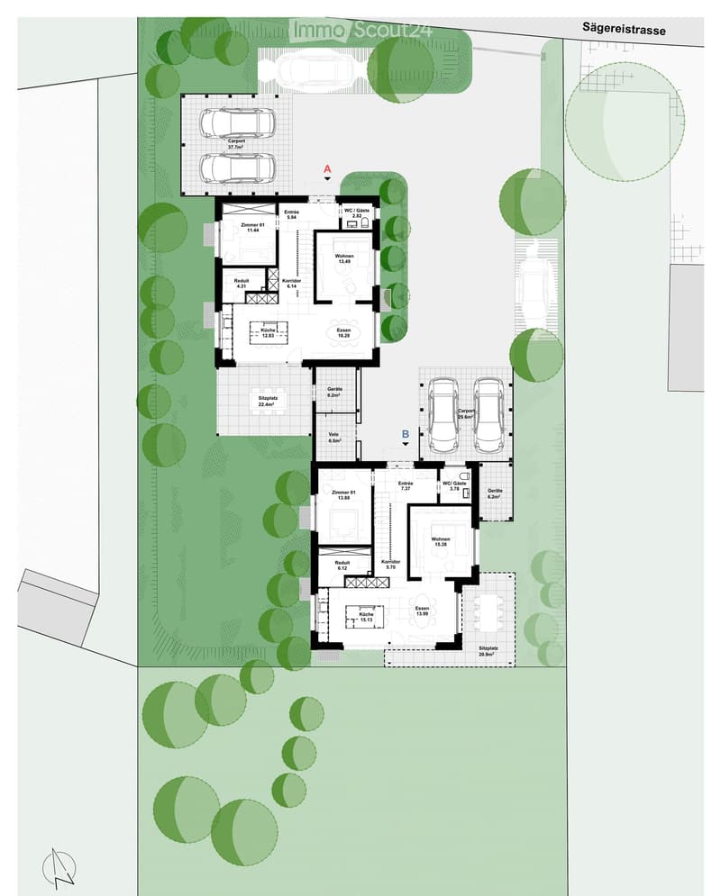 Floor plan of a two-story house with labeled rooms, including living spaces, bedrooms, kitchen, dining area, and outdoor parking.