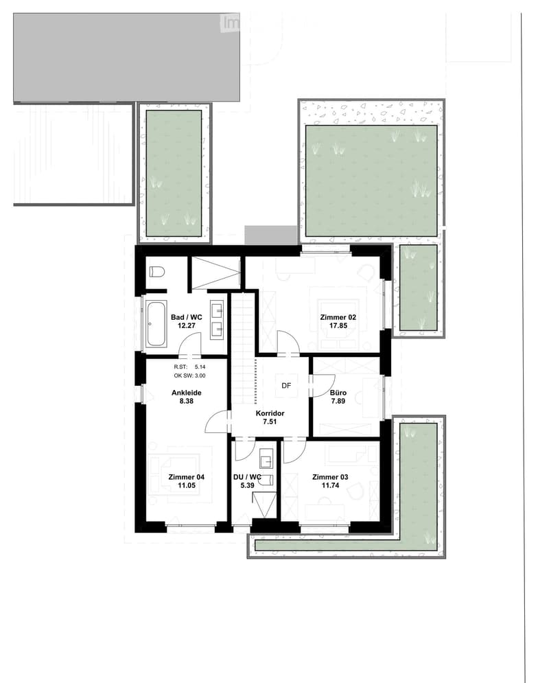 Floor plan of a residential unit with four bedrooms, a bathroom, a corridor, and a small office. Includes labeled dimensions and room names.