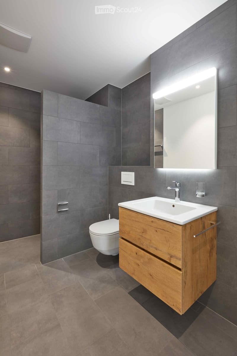 Modern bathroom with grey tiled walls, a white sink with wooden cabinet, a toilet, and a large mirror with built-in lighting.