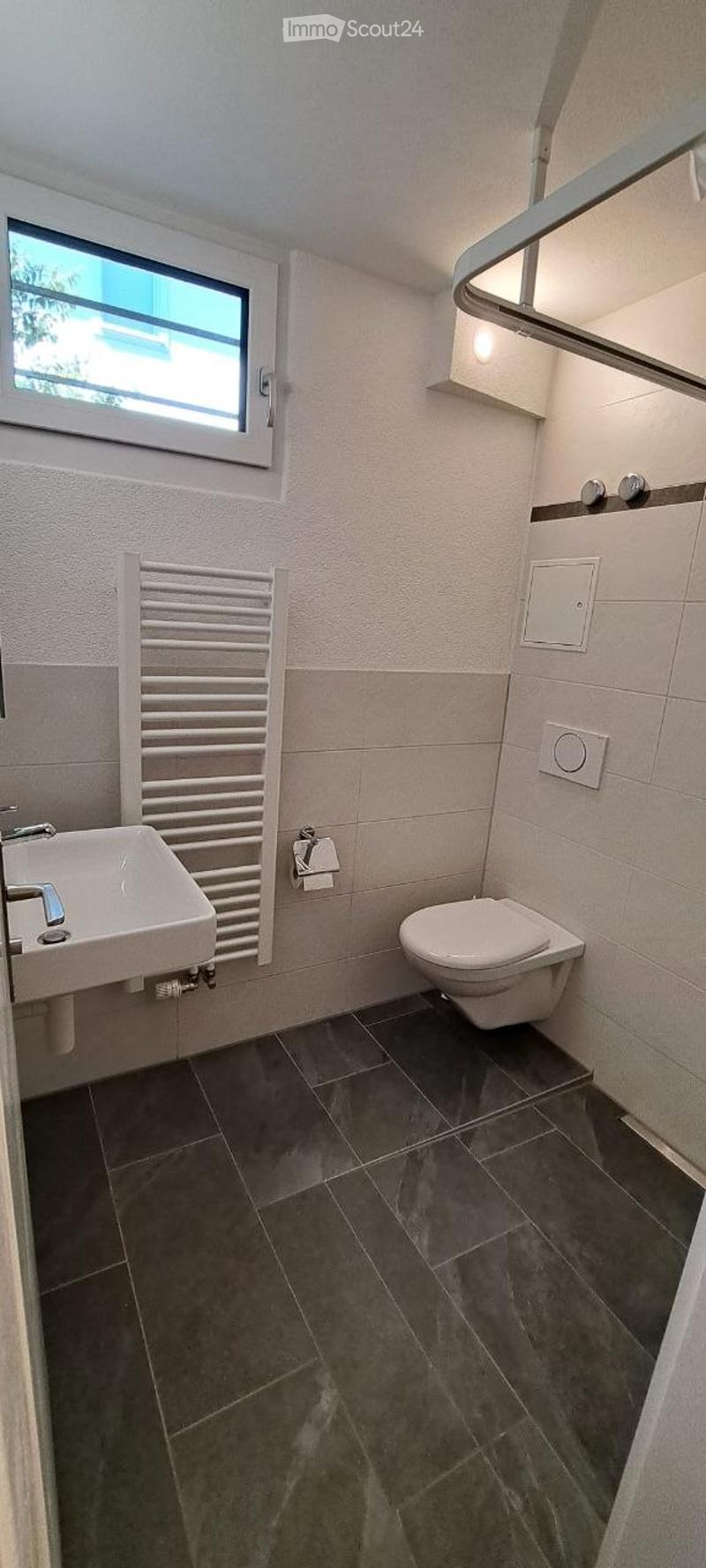 Modern bathroom with dark tiled floor, white sink, toilet, radiator, and a window providing natural light.
