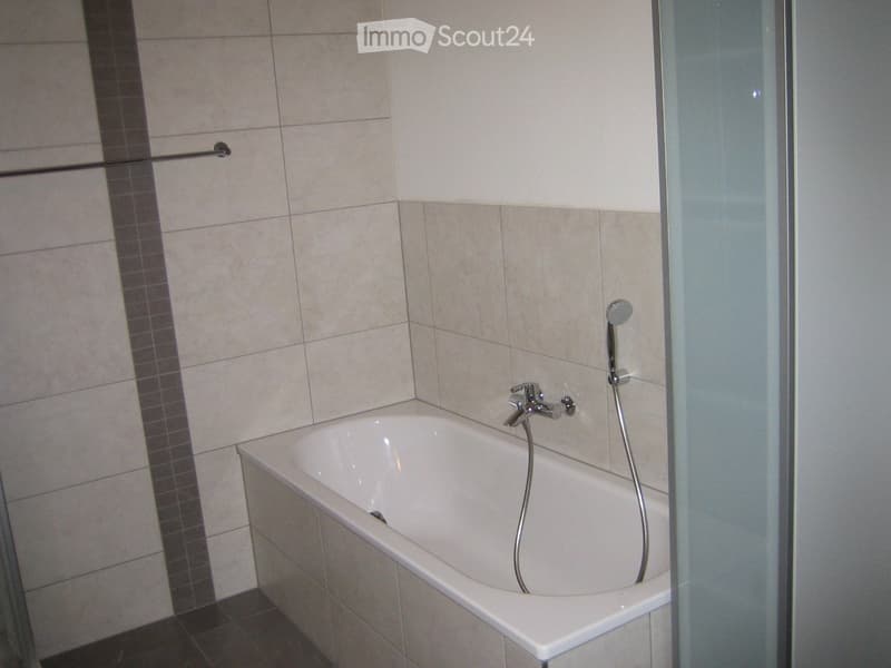 Bathroom with a white bathtub, tiled walls, a glass shower enclosure, and a handheld showerhead.