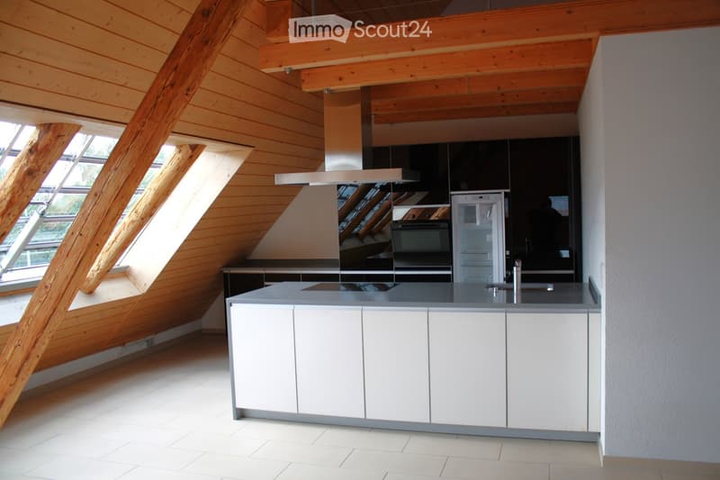 Modern kitchen with white cabinets, a central island, stainless steel appliances, and large skylight windows.