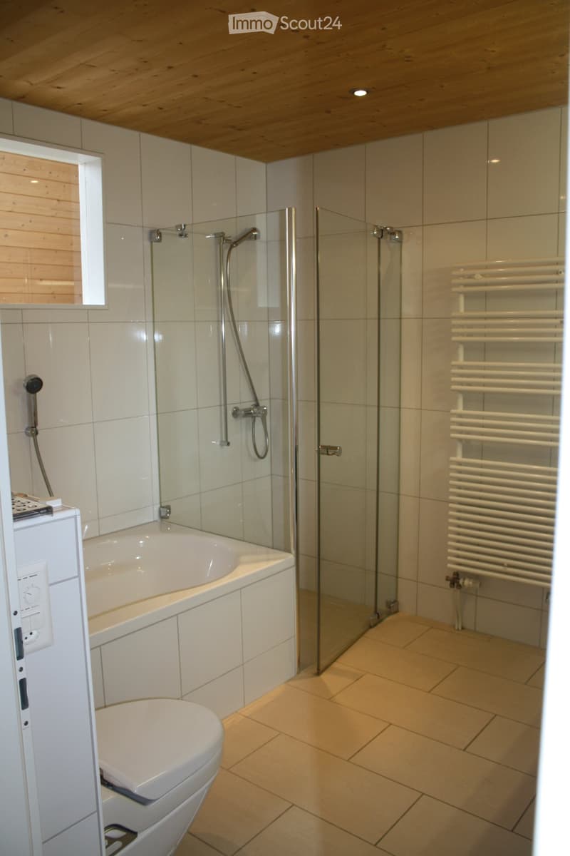 Modern bathroom with a bathtub, toilet, glass-enclosed shower, and a white radiator. The walls are tiled, and the ceiling is wooden.