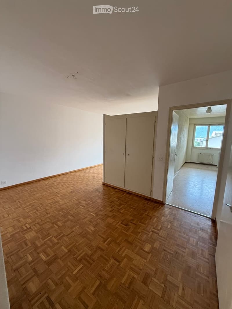 Empty room with wooden herringbone flooring, white walls, and a built-in closet. An open doorway leads to another unfurnished space with a window and radiator.