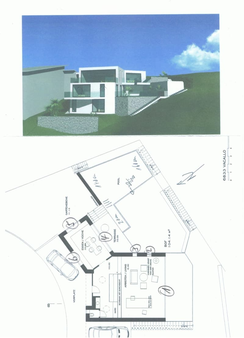Floor plan of a modern house with living area, kitchen, bedrooms, bathrooms, garage, swimming pool, and parking spaces.
