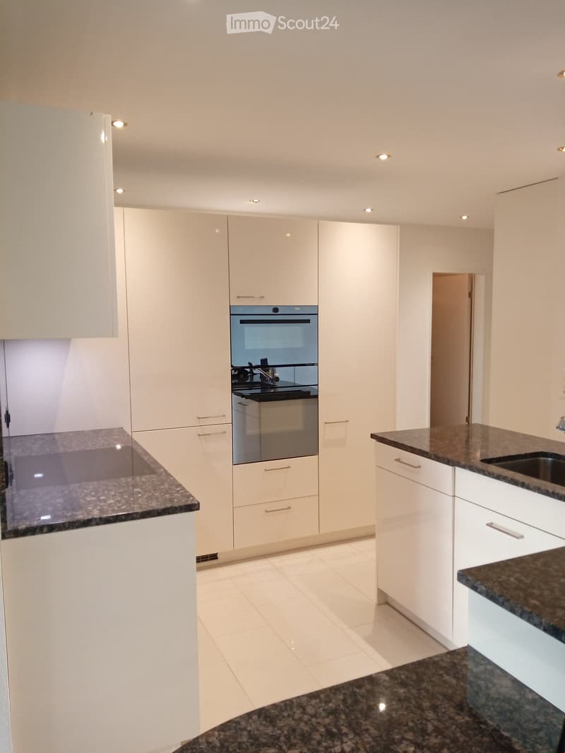 modern kitchen with white cabinets, granite countertops, built-in oven and dishwasher, under-cabinet lighting