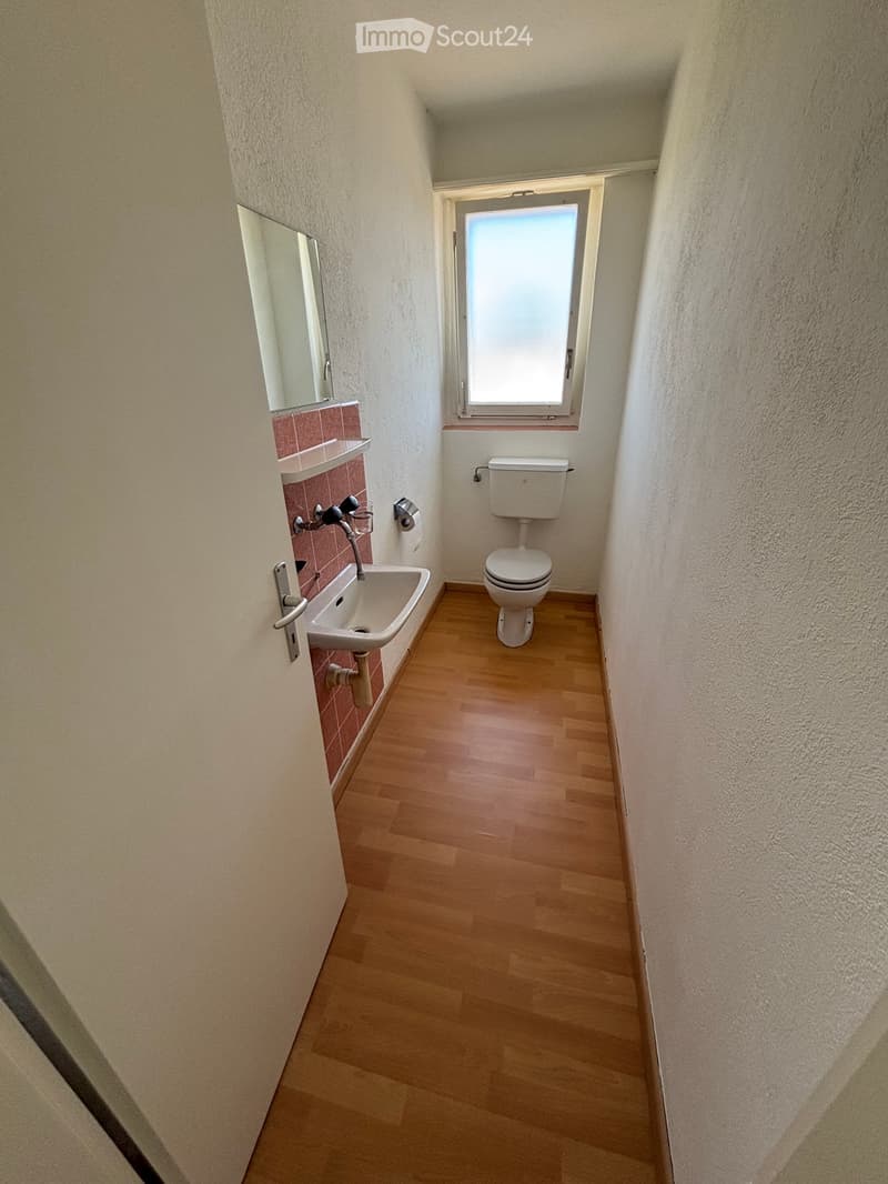 Bathroom with wooden flooring, a toilet, a sink with a mirror, and a window above the toilet.