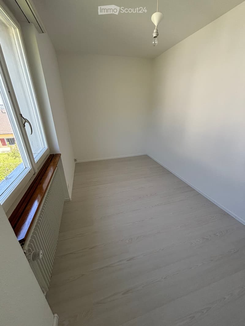 Empty room with wooden flooring, white walls, a single window with a radiator below, and a hanging light fixture.