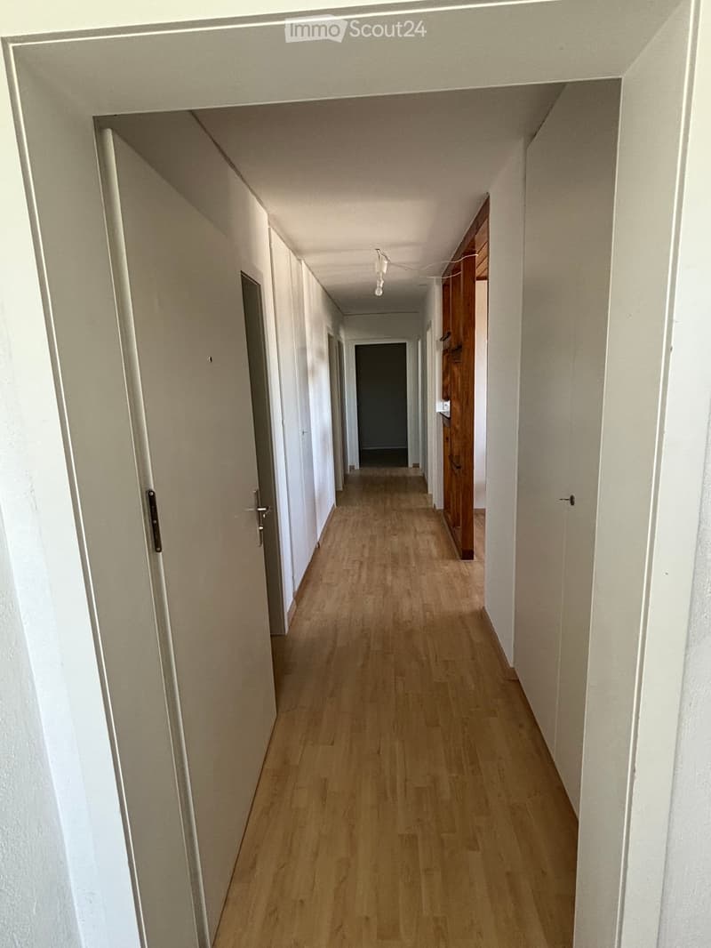 A long, narrow hallway with light wooden flooring and white walls, featuring several closed doors and a visible light fixture on the ceiling.