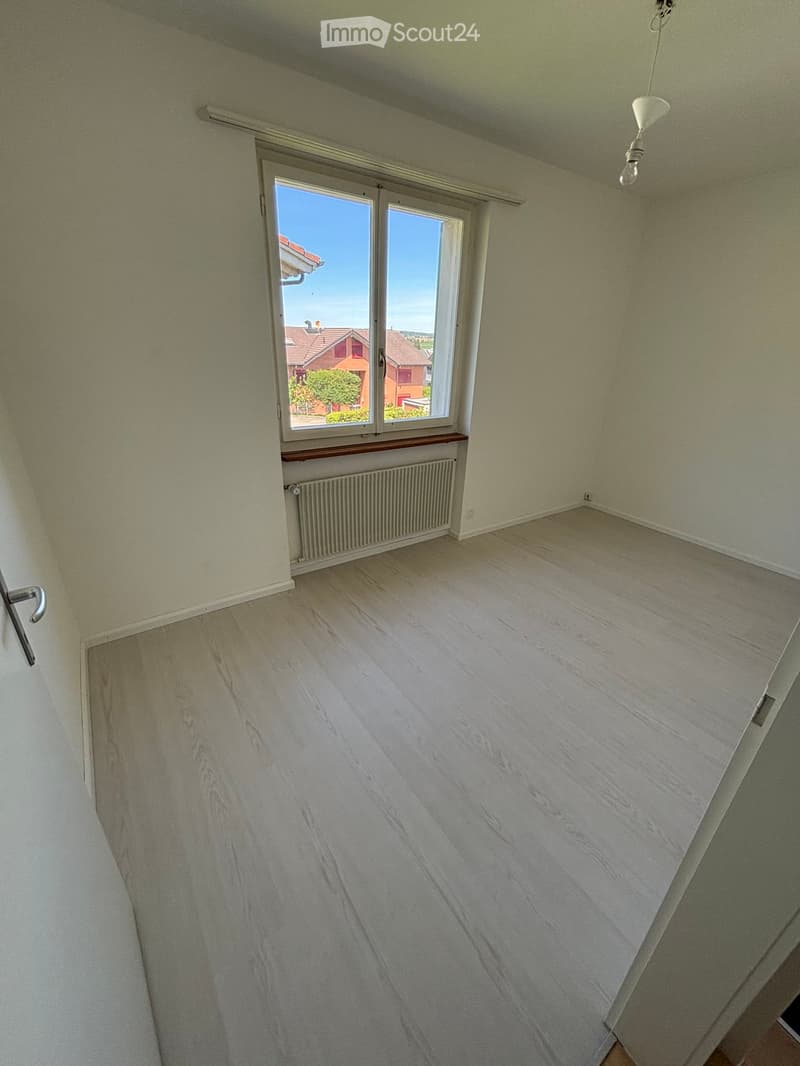 Empty room with light wooden flooring, white walls, large window with view, radiator, and simple ceiling light fixture.