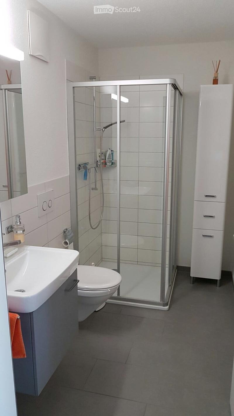 Modern bathroom with a white sink, toilet, glass-enclosed shower, and a white cabinet with drawers. The shower features a handheld sprayer and a built-in shelf. The sink has a modern faucet and a small towel is placed on the cabinet.
