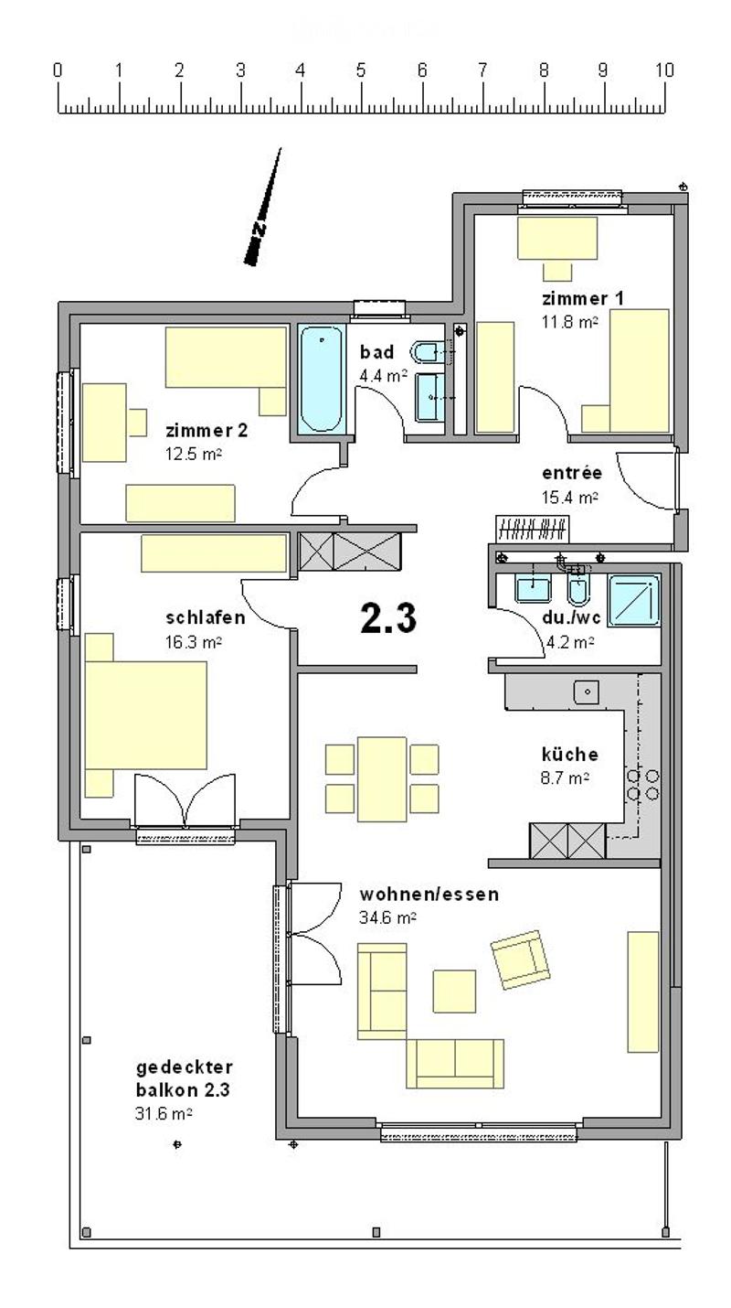 Floor plan of a 2.3 apartment with living/dining area, bedroom, bathroom, kitchen, and balcony.