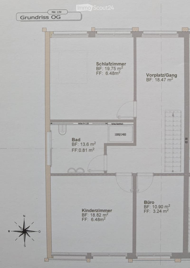 Floor plan showing layout with bedroom, bathroom, office, and children's room.