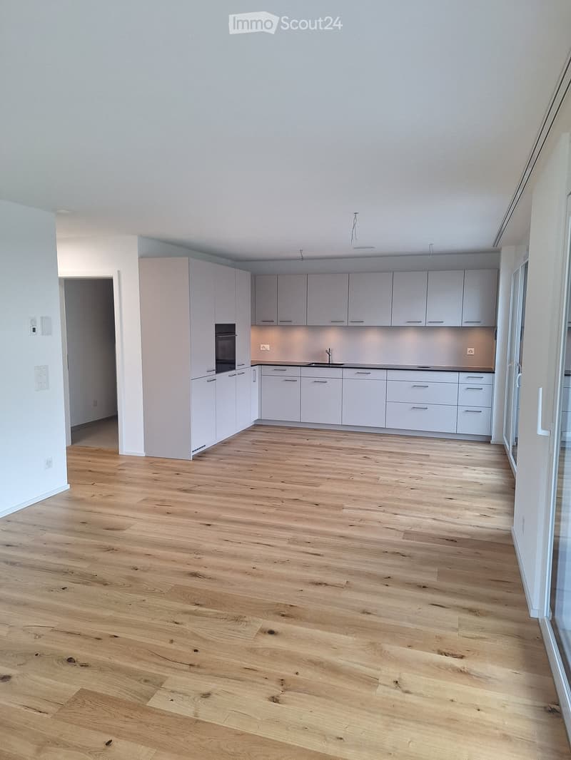 Empty kitchen with light grey cabinets, wooden floor, and built-in appliances including an oven and sink.