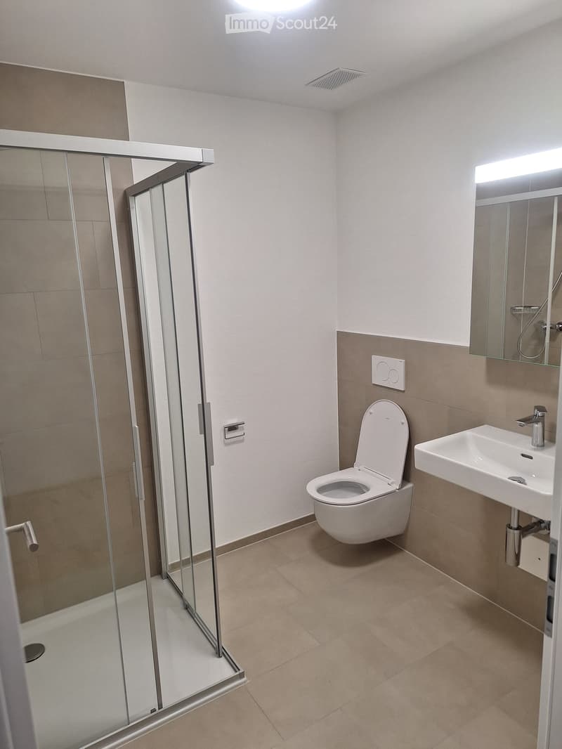 Modern bathroom with a toilet, sink, and glass-enclosed shower. Light-colored tiles and sleek fixtures.