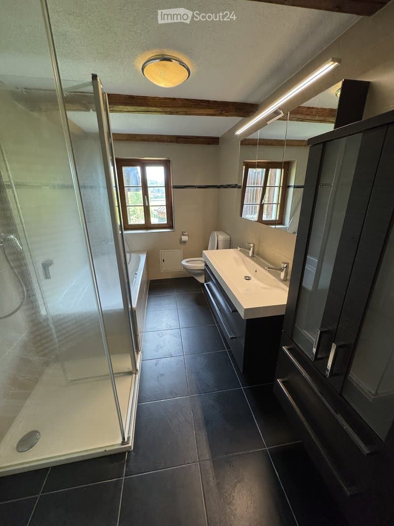 Modern bathroom with dark tiled floor, white sink, toilet, bathtub, and a glass-enclosed shower area. Features exposed wooden beams on the ceiling and two windows providing natural light.