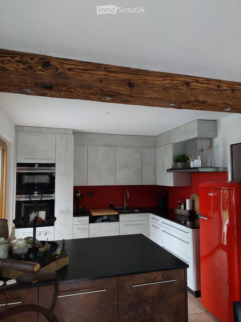 Modern kitchen with white cabinets, a red accent wall, and a black countertop. Features include a red refrigerator, built-in oven, sink with faucet, and various decorative items on the counters.