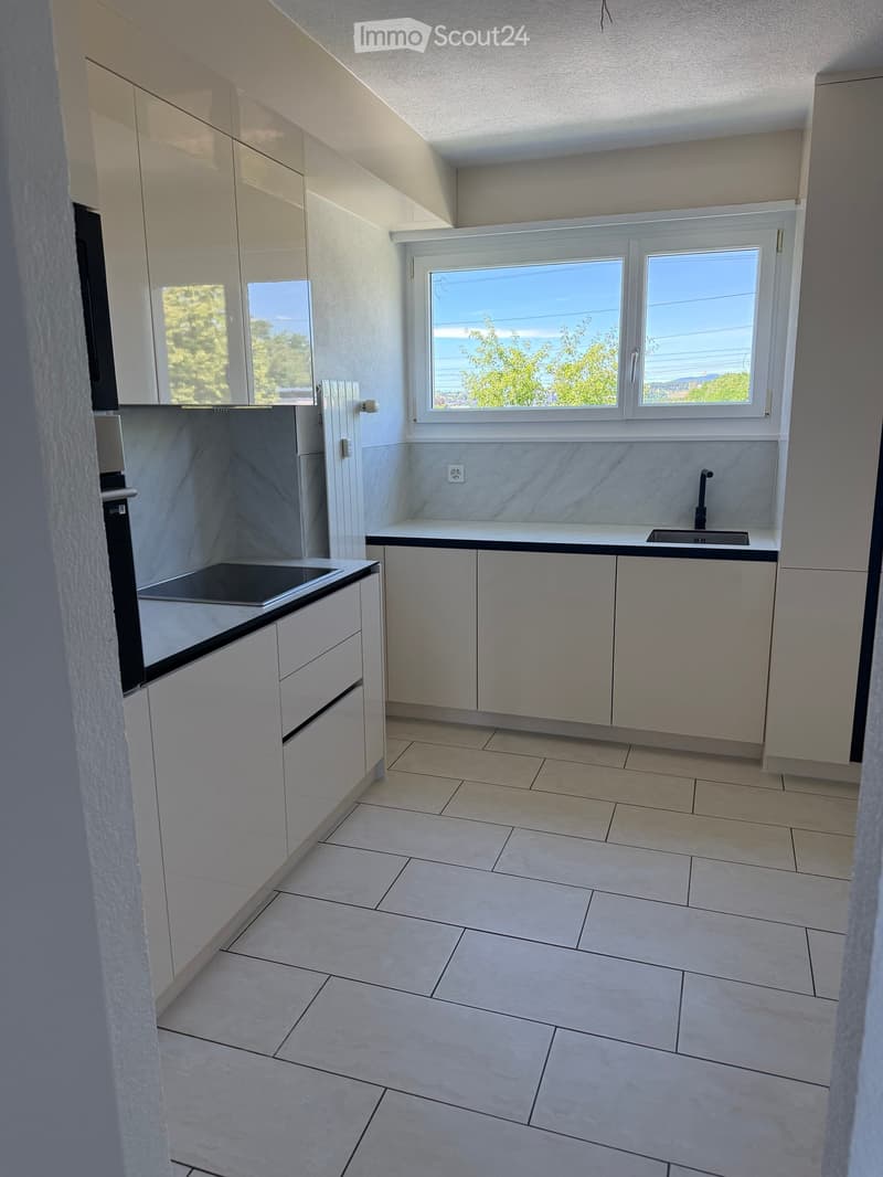 Modern kitchen with white cabinets, marble countertop, sink, and large windows offering a scenic view.