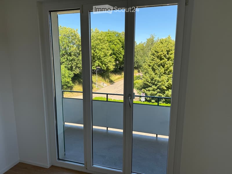 View from inside a room through large glass sliding doors onto a modern balcony with a metal railing, overlooking a green, tree-lined area.