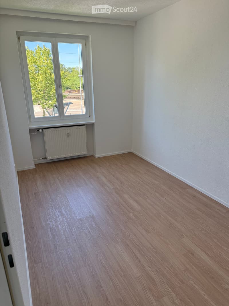Empty room with light wooden flooring, white walls, and a large window with white frame. A radiator is visible below the window.