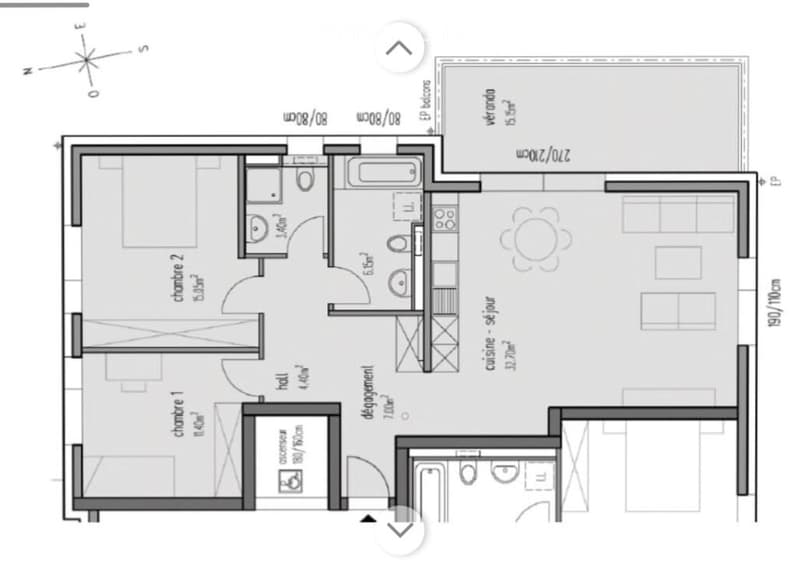 Floor plan of a 3-bedroom apartment with a living room, kitchen, hallway, and bathroom.