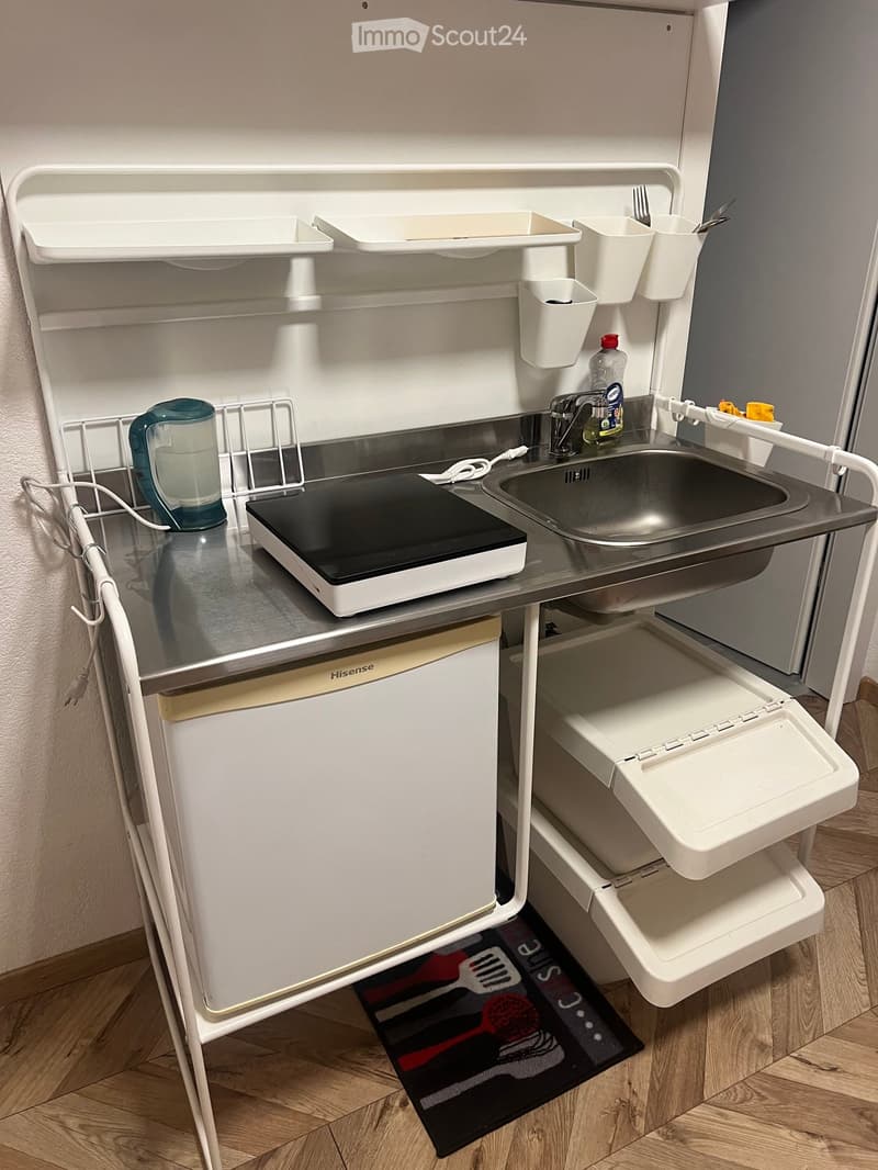 Compact kitchen with a sink, faucet, induction cooktop, electric kettle, refrigerator, and dish rack. Includes a trash bin and a small mat with kitchen utensil graphics.