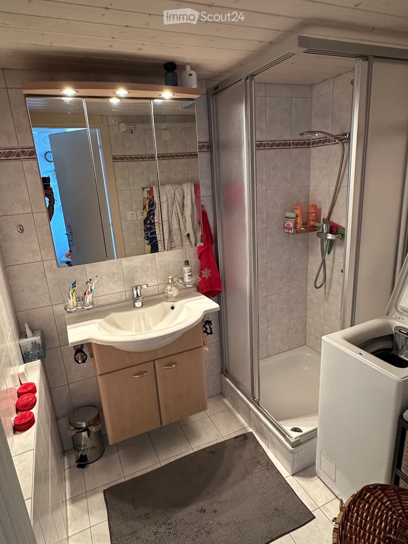Bathroom with a sink, mirror, shower, washing machine, and various toiletries. Wooden cabinetry and tiled walls.