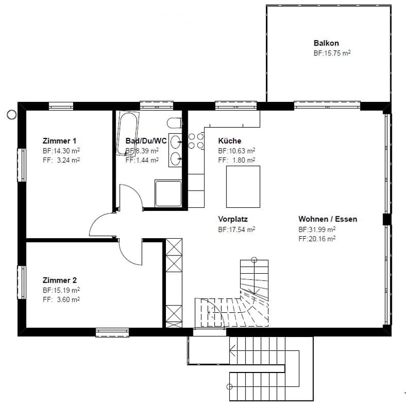 Floor plan showing a layout with two bedrooms, a bathroom, a kitchen, a living/dining area, a hallway, and a balcony.